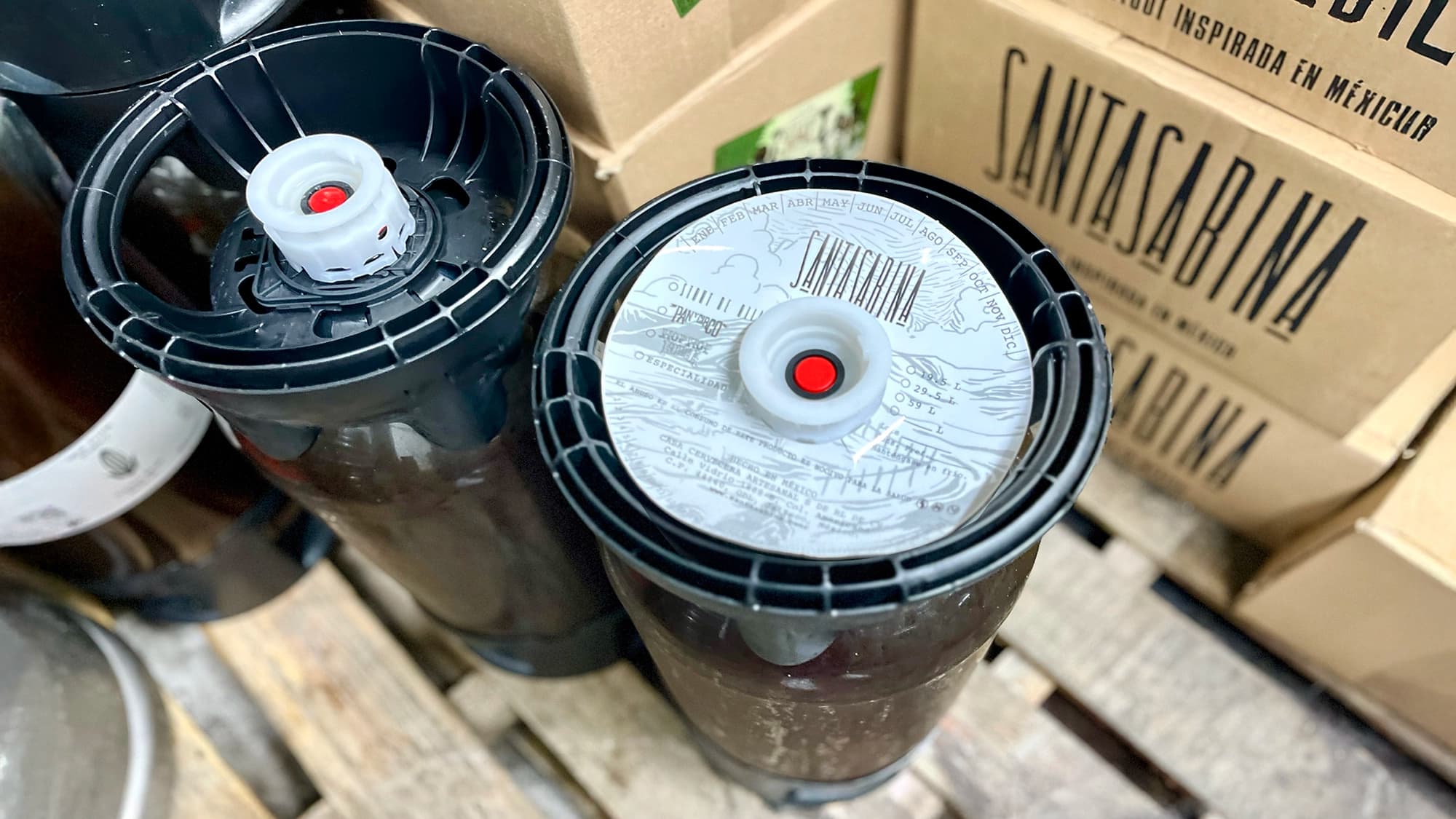 Petainer PET kegs at Santa Sabina Brewery with logo visible